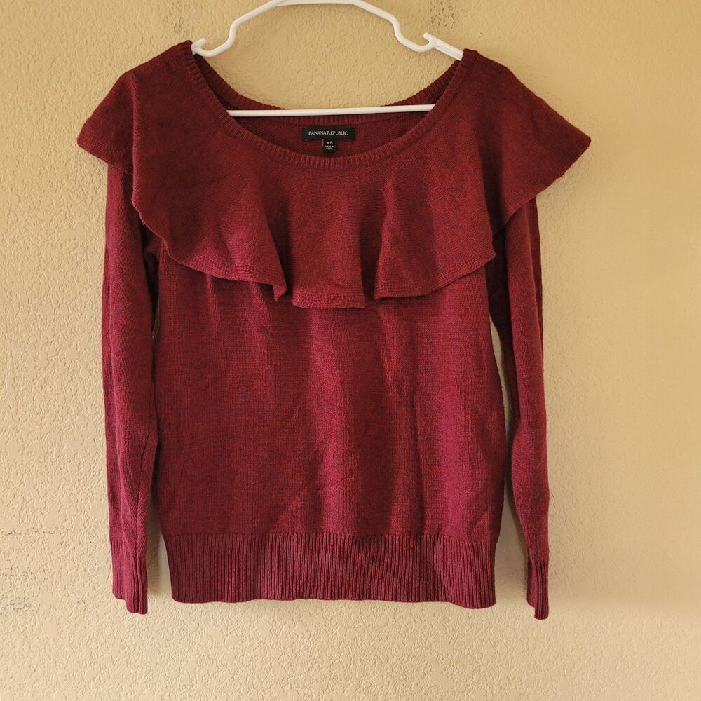 Banana Republic Cashmere Merino Wool Burgundy Red Sweater Sz Xsmall Ruffle Neck